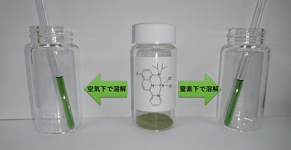 鉄錯体触媒を空気下と不活性ガス（窒素）下で溶解させた様子