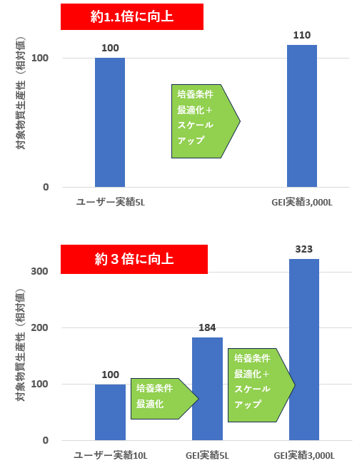 図3　培養条件最適化およびスケールアップ実績（上：案件1、下：案件2）