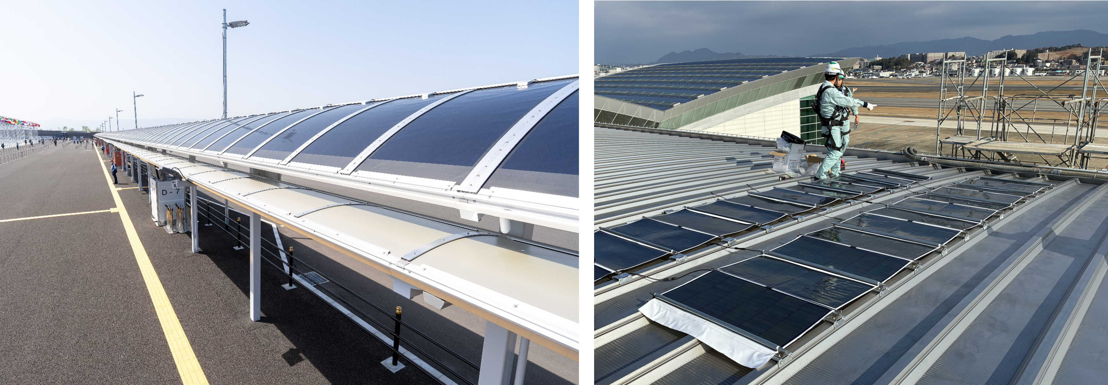 図1　柔軟・軽量などの特長を生かしたフレキシブル太陽電池を試験的に設置した事例（左：積水化学工業株式会社・積水ソーラーフィルム株式会社、右：日揮株式会社）